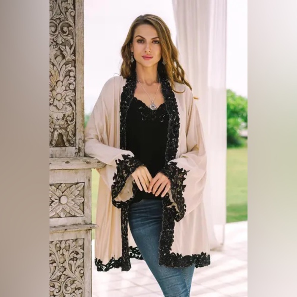 NOVICA Embroidered Floral Cotton Kimono Jacket - Black Lillies Size L/XL